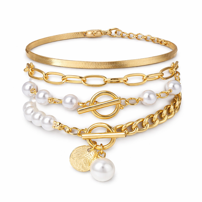 Elegante set de pulseras doradas (4 piezas) – serpiente, perlas y eslabones