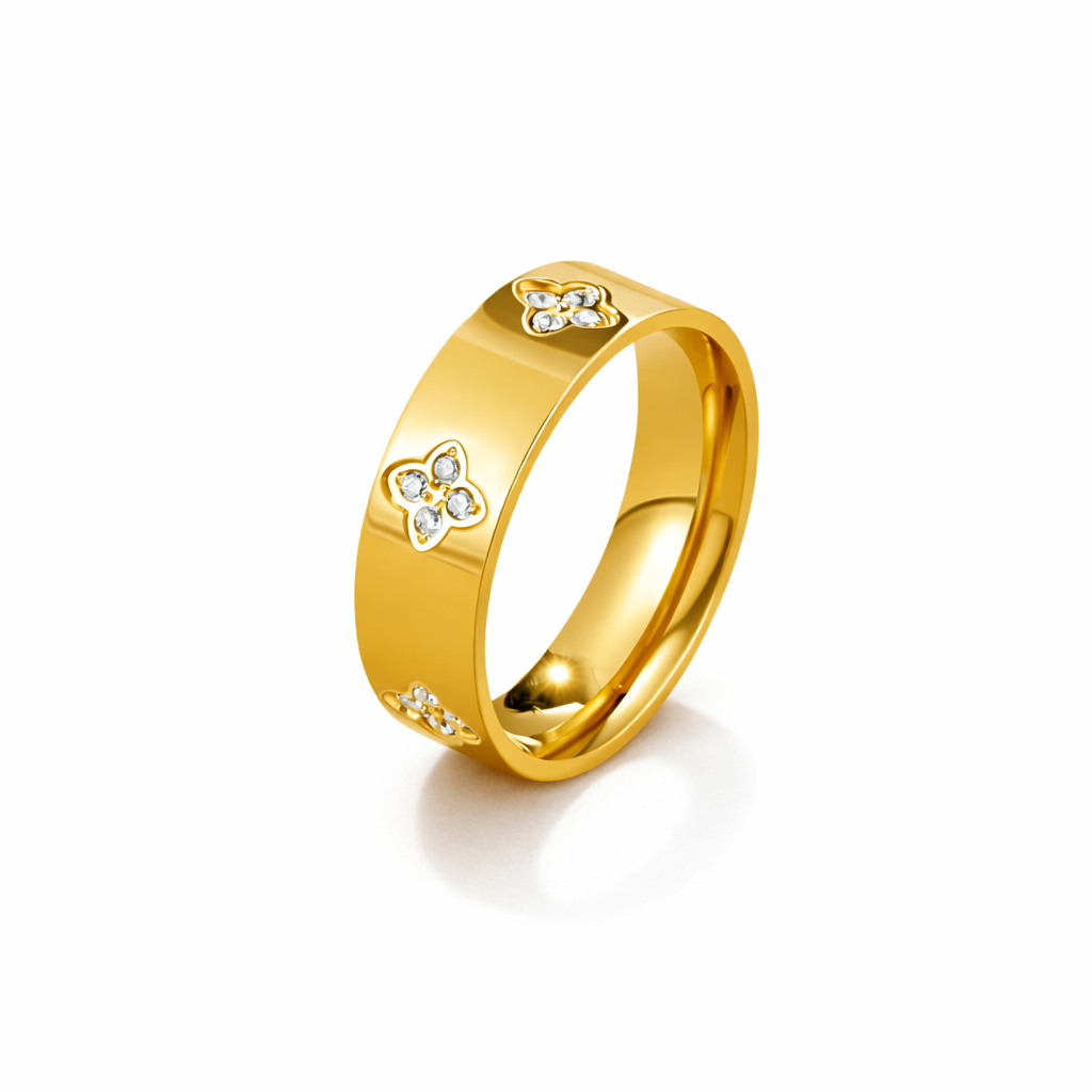 Anillo trébol dorado con cristales