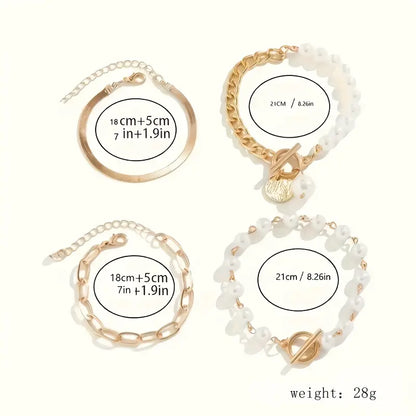 Elegante set de pulseras doradas (4 piezas) – serpiente, perlas y eslabones